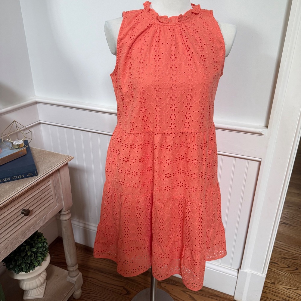 NWT LOFT Womens Coral Orange Eyelet Tiered Sleeveless Ruffle Neck Dress Small